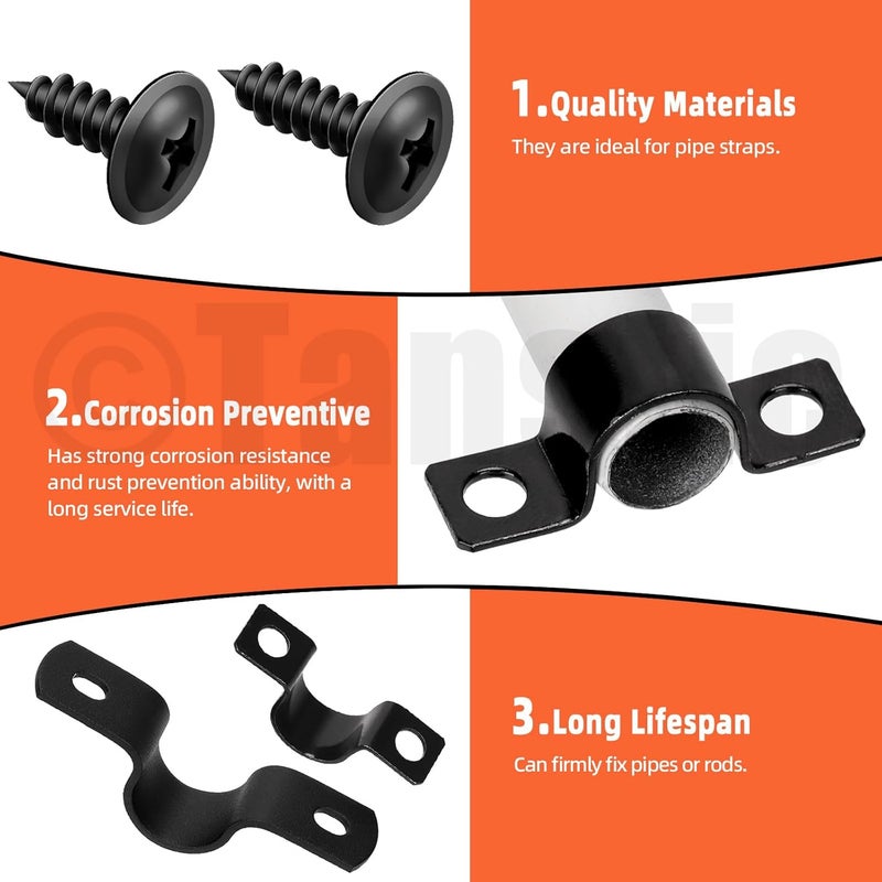 Tanstic 10Pcs Black Two Hole Pipe Strap, 3/4” Two Hole Strap U Bracket Rigid Pipe Strap Pipe Strap Clamp with Phillips Modified Truss Head Wood Screws for Fixing Pipe, Conduit, U Bracket - Image 3